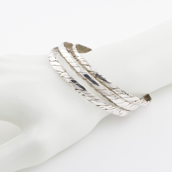 Vintage Mexican Silver Tone Bangle Bracelet Set 3 Bangles Twisted Rope Cable - Picture 5 of 5